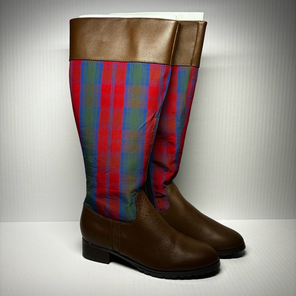 Jeffery Banks Shoes - Jeffery Banks - Brown Leather Knee-High Boots with Red & Green Plaid Shaft